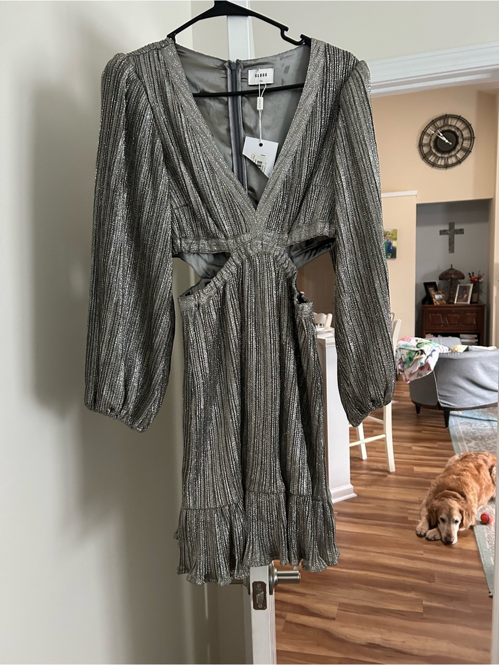 Suboo Silver Metallic Midi Dress with V-Neck and Cutouts